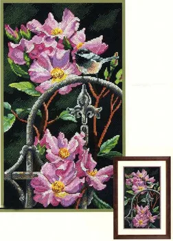 

COTTON Lovely Counted Cross Stitch Kit Chickadee Perch Bird on Pink Rose Flower Flowers dim 35268