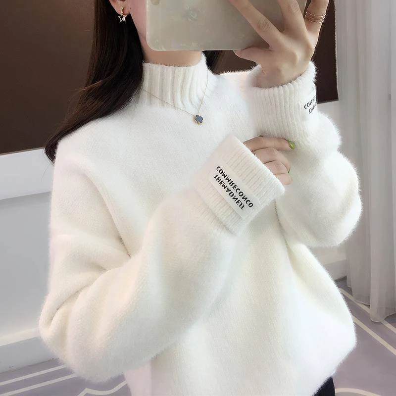 

2019 Winter Women Sweaters Casual Mink Cashmere Knitted Turtleneck Sweater Women Fluffy Thick Long Sleeve Pullover Coat Female
