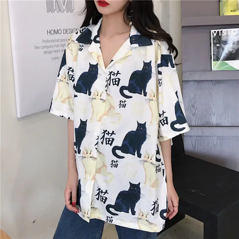 Blouses Women Vintage Cat Printed Korean Basic Loose Chic Design Ladies Shirts Daily College Street All-match Womens Blouse Top