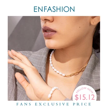 ENFASHION Natural Pearl Link Chain Choker Necklace Women Gold Color Stainless Steel Lady Necklace Fashion Femme Jewelry P193051