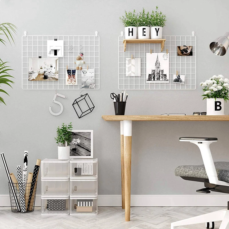 Grid Panel, Photo Wall Display,Mesh Wall Decor, Multifunctional Hanging Picture Wall, DIY Art Display, with S-Shaped Hooks, Clip
