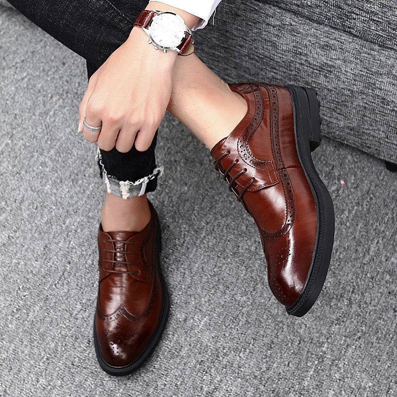 MVVT Fashion Print Genuine Leather Shoes Men Formal Dress Shoes British Gentleman Brogue Shoes Slip-On Men Oxfords Shoes