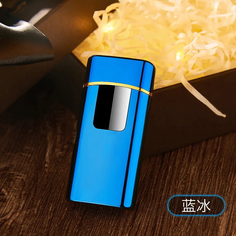 New 2 In 1 Metal Gas Lighter and Dual Arc Plasma Lighter Touch Screen Electric USB Lighters Rechargeable Cigar Cigarette Lighter - Цвет: blue