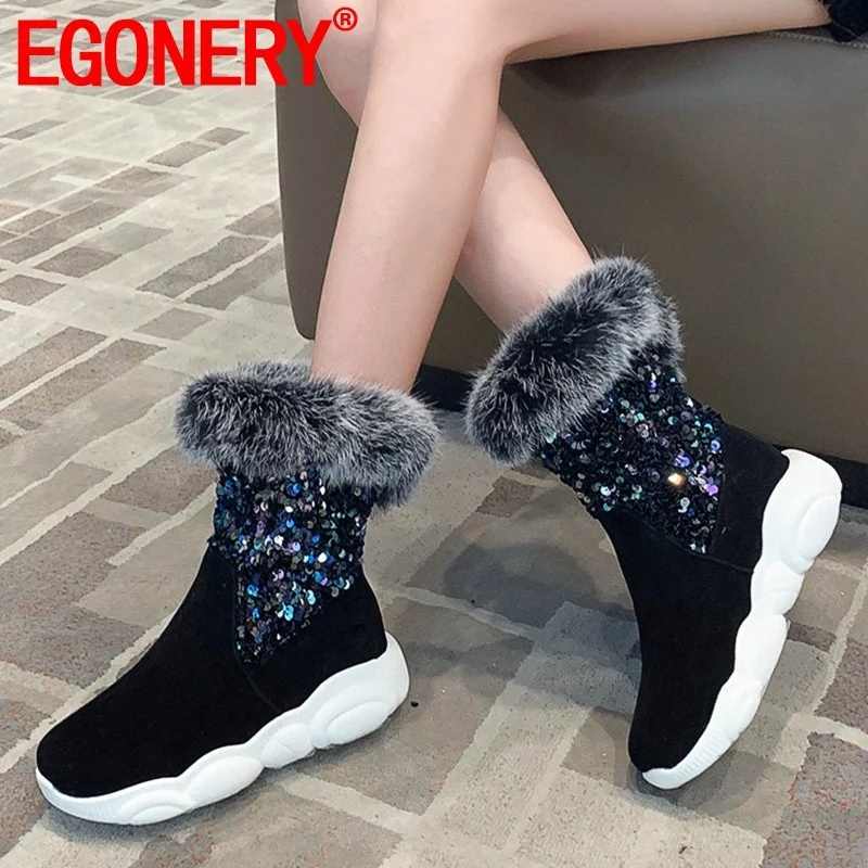 

EGONERY winter new fashion warm snow boots outside comfortable round toe mid heels platform bling women shoes drop shipping