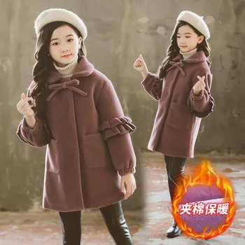 

Girls' Shirt Fashion Woolen Coat 2020 Winter New Duffle Coat Lace Long-Sleeved Western Style Long Woolen Coat