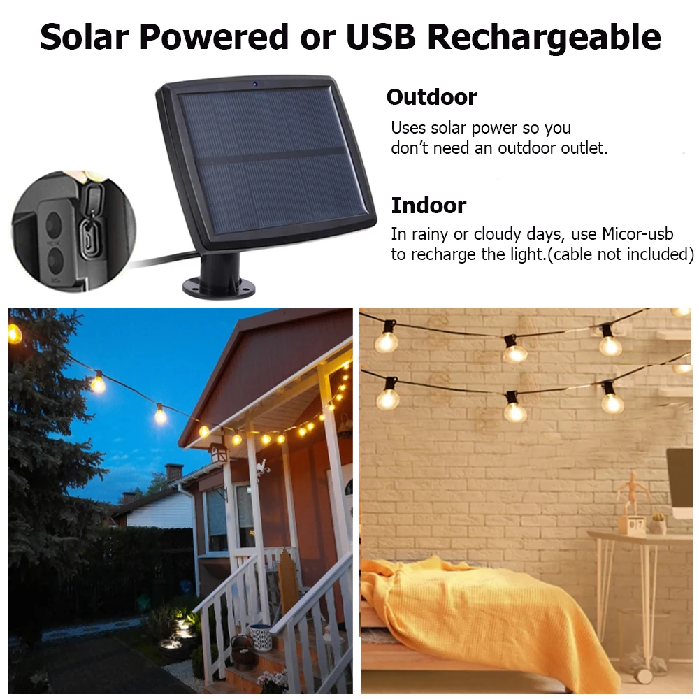 Guirlande solaire extérieur Décoration de jardin, G40 Éclairage fantaisie,  Rechargeable par USB,noel decoration 2021 exterieur