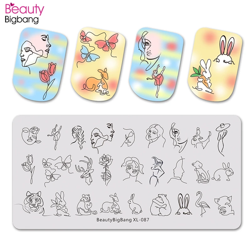 

Beautybigbang Stamping Plates Nail Art Geometry Lines Face Image Stainless Steel Rectangle Nail Template Stamping Plates XL-087