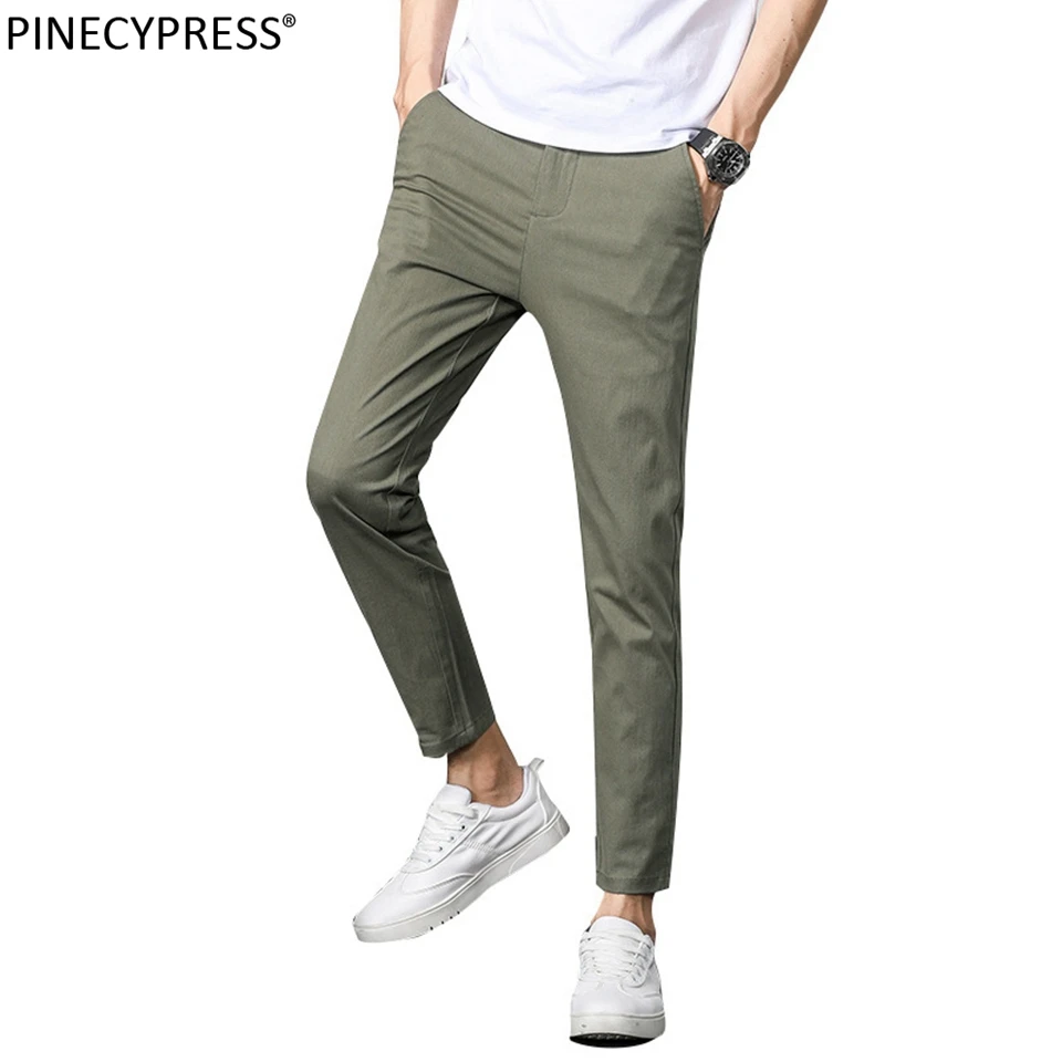 Men ANKLE Length Trousers 98.2% cotton 1.8% spandex Summer Thin Zipper Green Grey Black Slim Male Young Man Pencil Ninth Pants | Мужская