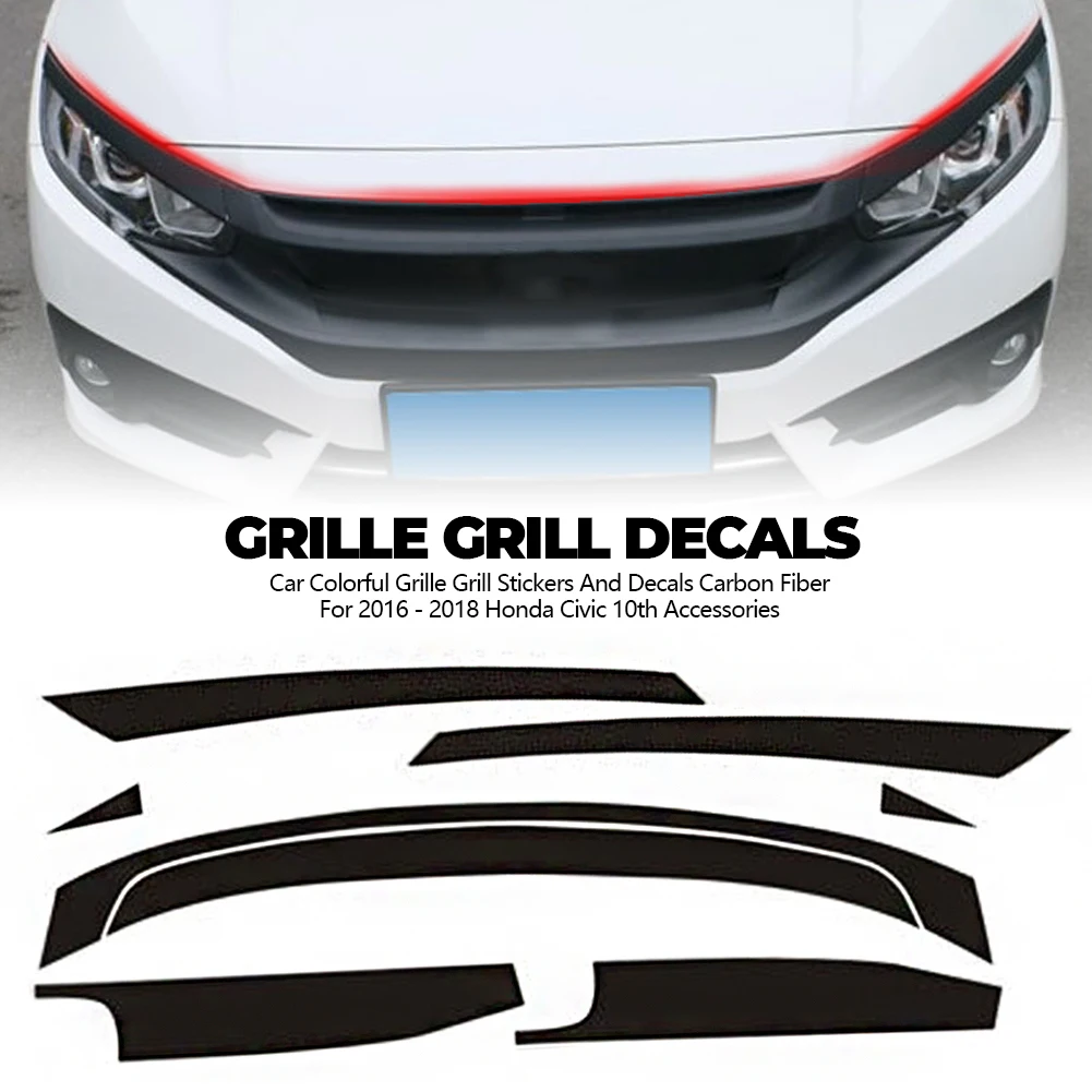 8PCS Carbon Fiber Vinyl Front Grille Grill Decal Skin Engine Cover