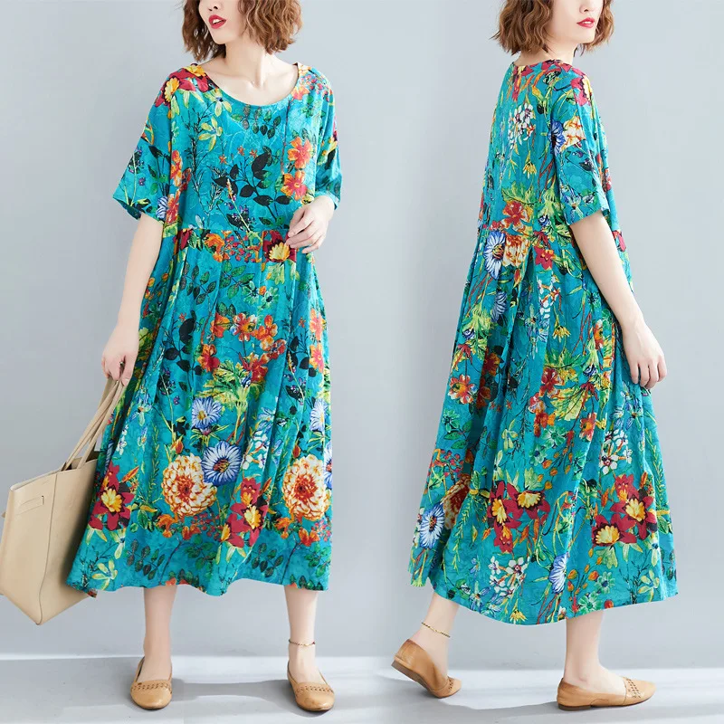 

Fat Mm 200 Large Size 2019 Summer WOMEN'S Dress New Style Literature And Art-Style Printed Loose-Fit Slimming Short-sleeve Dress