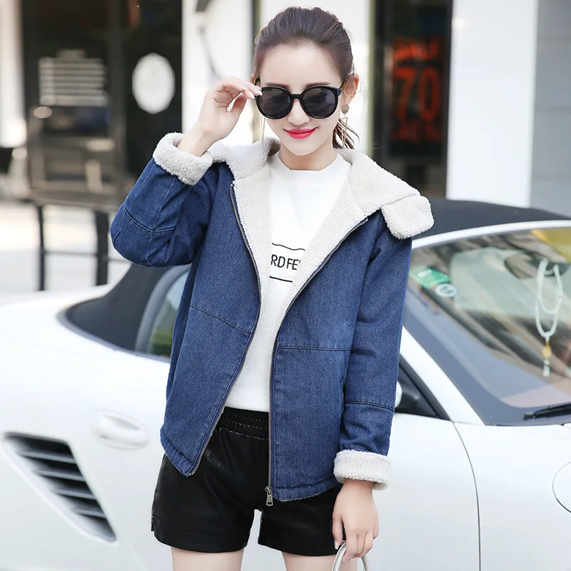 

2019 Autumn And Winter New Style Korean-style Large Size Students Lambs Wool Hooded Jeans Coat Brushed And Thick Cotton-padded C