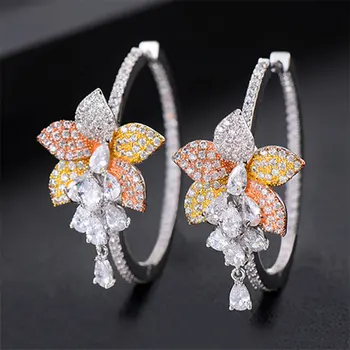 

GODKI Luxury 3 Tone Flower Tassel Drop Cubic Zircon Statement Big Hoop Earrings For Women Wedding DUBAI Bridal Hoop Earring 2019