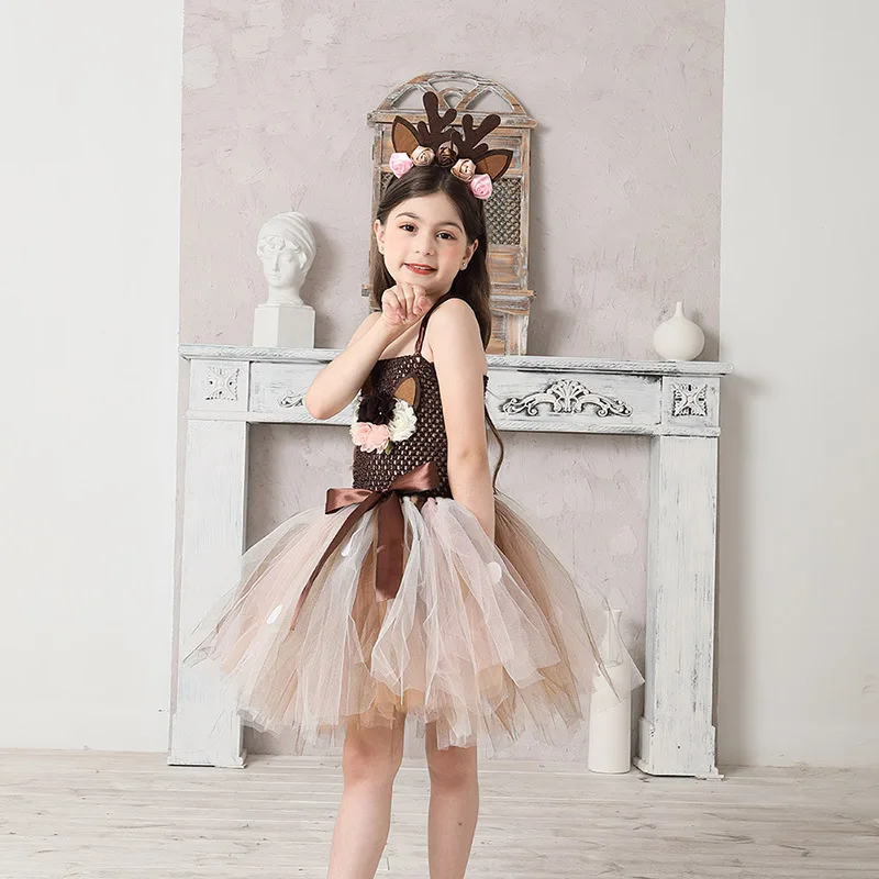 Deer Costume Girls Halloween Christmas Fancy Dress Flower Reindeer Bambi Kids Tutu Dress with Headband Children New Year Clothes (4)