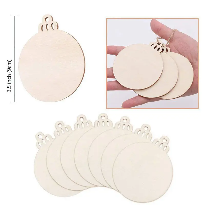 50pcs DIY Craft Wooden Round Bauble with 50pcs Twines to Paint, Unfinished Christmas Hanging Ornaments Natural Blank Wood Discs