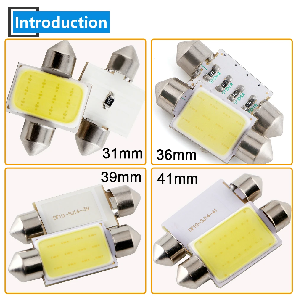 500 шт 31 мм 36 мм 39 мм 41 мм C5W COB 12SMD 12 светодиодные лампочки купольные потолочные светильники для чтения свет белый неполярность 144lm 12V смешанный размер