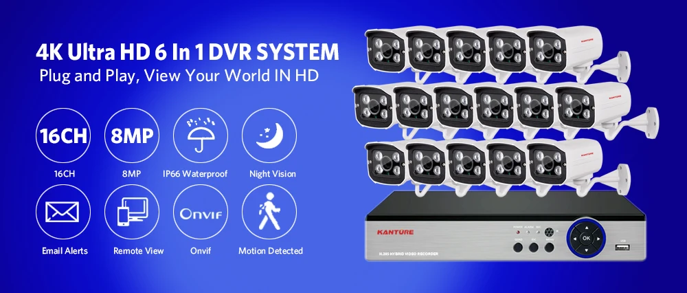 KANTURE h.265+ 16CH 4K Ultra HD cctv dvr комплект 8MP камера ночного видения система безопасности IP66 Водонепроницаемый P2P комплект видеонаблюдения