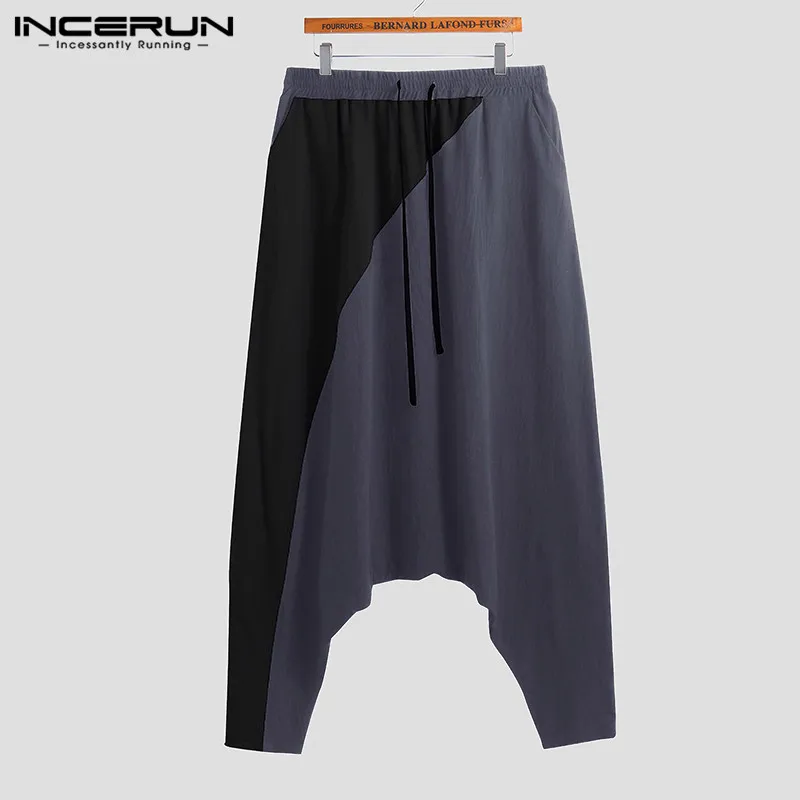 INCERUN винтажные мужские шаровары джоггеры хлопковые Лоскутные заниженные промежности эластичная талия Свободные Хип-хоп мужские брюки S-5XL - Цвет: Dark Gray Pants