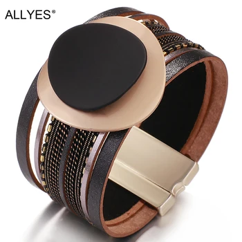 

ALLYES Boho Leather Bracelet for Women 2020 Circle Matte Metal Board Charm Wide Bracelet Female Jewelry