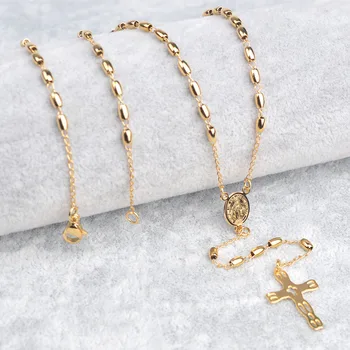 

Women Golden Stainless Steel Catholic Rosary Necklace Oval Beads Cross Rosaries