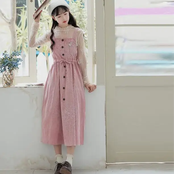 

Mori Girl Autumn Women Long Sundress Pink Green Floral Embroidery Suspenders Dress Vintage Elegant Corduroy Sweet Dress DC665