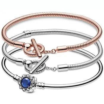 

Rose Moments Brilliant Life T-bar Snake Chain Bracelet Fit Europe Bangle 925 Sterling Silver Bead Charm Diy Jewelry