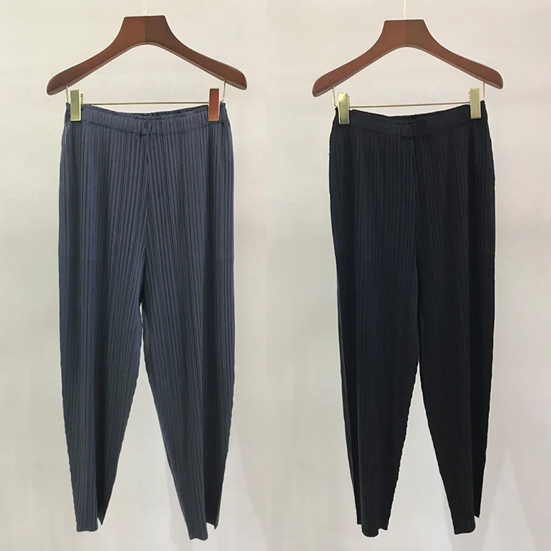 Pants for women Spring Miyake Pleated Fashion High Street Solid Loose Large Size Tight waist Harem Pants Ankle-Length Pants