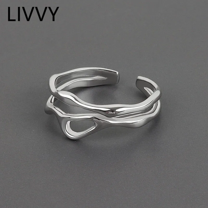 LIVVY-실버 색상 불규칙한 중공 더블 라인 기하학 반지, 여성 심플한 독특한 디자인 패션 조절 가능한 주얼리 