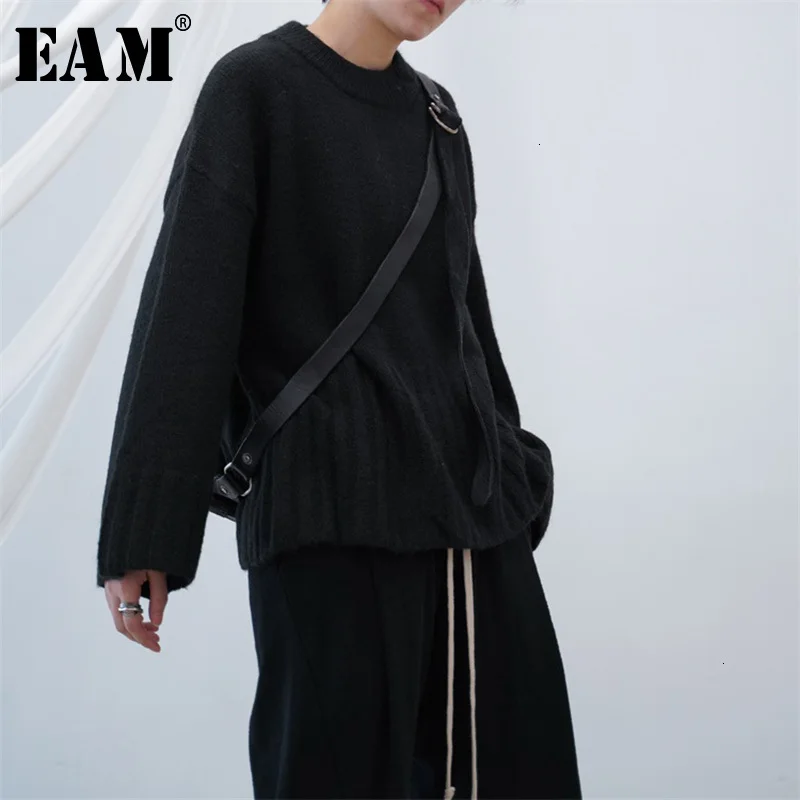 ^Cheap [EAM] Black Big Size Split Knitting Sweater Loose Fit Round Neck Long Sleeve Women New Fashion Tide Autumn Winter 2020 1H037