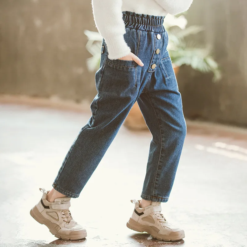Джинсы для девочек-подростков; сезон осень-зима; Новинка года; повседневные теплые брюки в Корейском стиле с тремя пуговицами для крупных детей; модные джинсовые брюки - Цвет: Синий