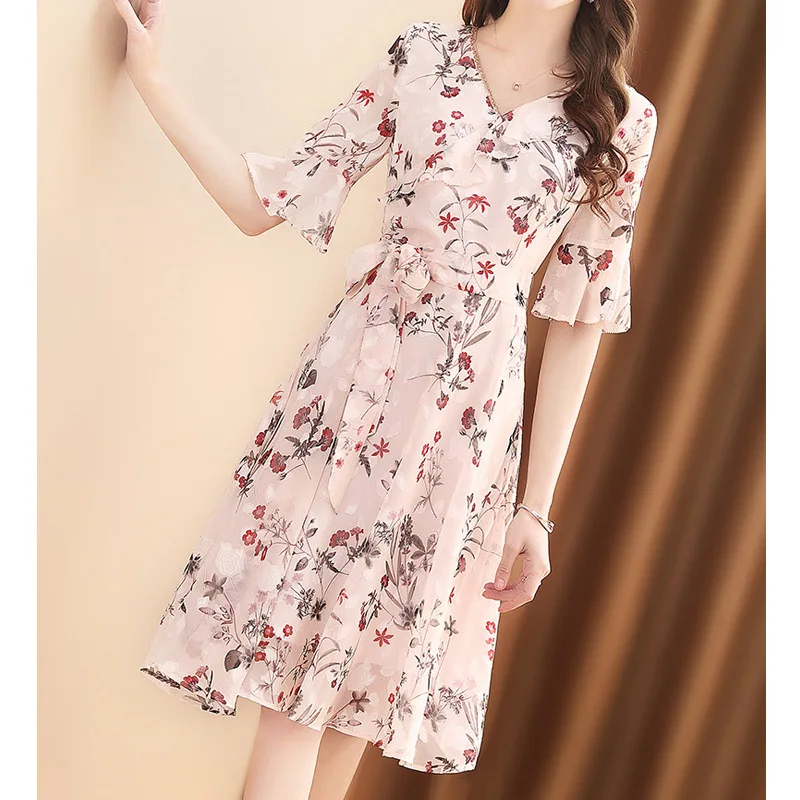 

Printed Lace-up Chiffon Dress Women's Mid-length 2019 Spring New Style Fashion V-neck A- line Skirt