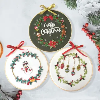 

DIY Christmas Cross Stitch Sewing Cotton Linen Machine Hoop Frame Ring Embroidery Snowman Letters Leaves Handmade Home Decor