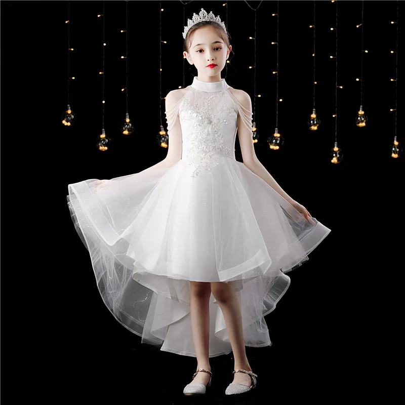 

Children Girls White Beading Lace Birthday Wedding Party Princess Ball Gown Dress Kids Teen Elegant Piano Host Fluffy Tail Dress