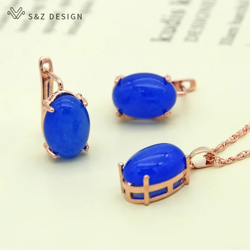 S&Z DESIGN New Fashion Oval Egg Shape Natural Stone Stud Earrings 585 Rose Gold Color Pendant Necklace Jewelry Sets For Women