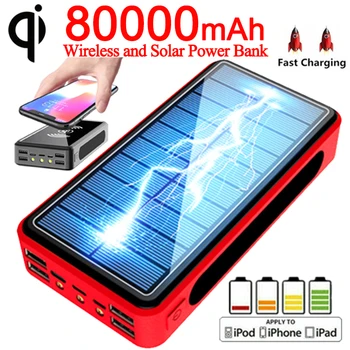 

80000mAh Solar Power Bank Solar Battery Pack Wireless LED Light Powerbank Portable 4USB Mobile Phone Charger for Xiaomi IPhone