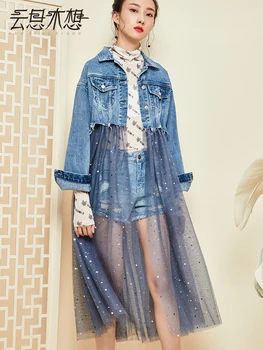 

Korean New Style Dress Women Denim Detachable Mesh Patchwork Full Loose Full Double Women Plus Size Denim Jacket Coat