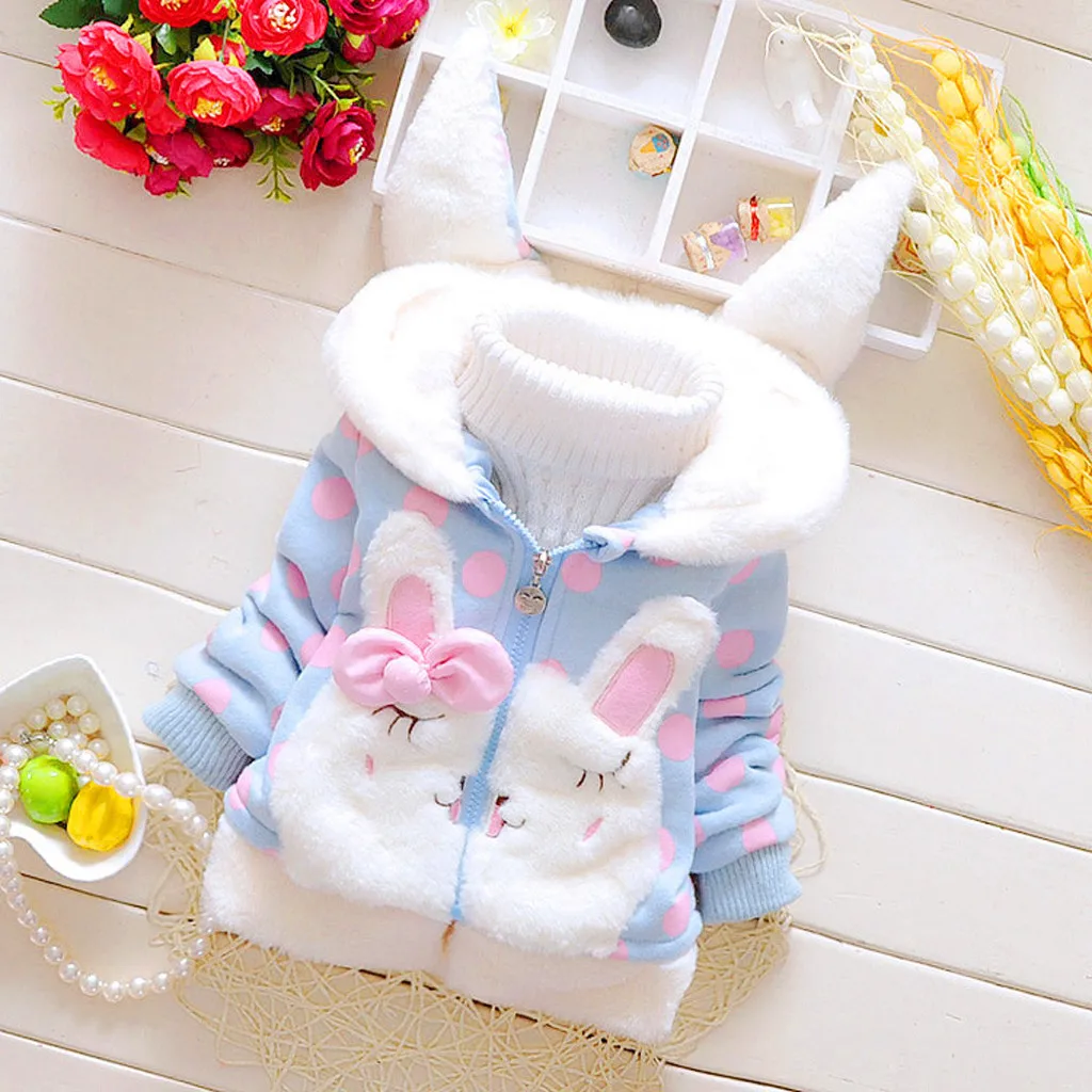 Girls Wool Coat For Girls Winter Warm Thickening Kids Outwear Clothing For Kids Baby Girl Warm Thick Rabbit Ears Hooded Jacket