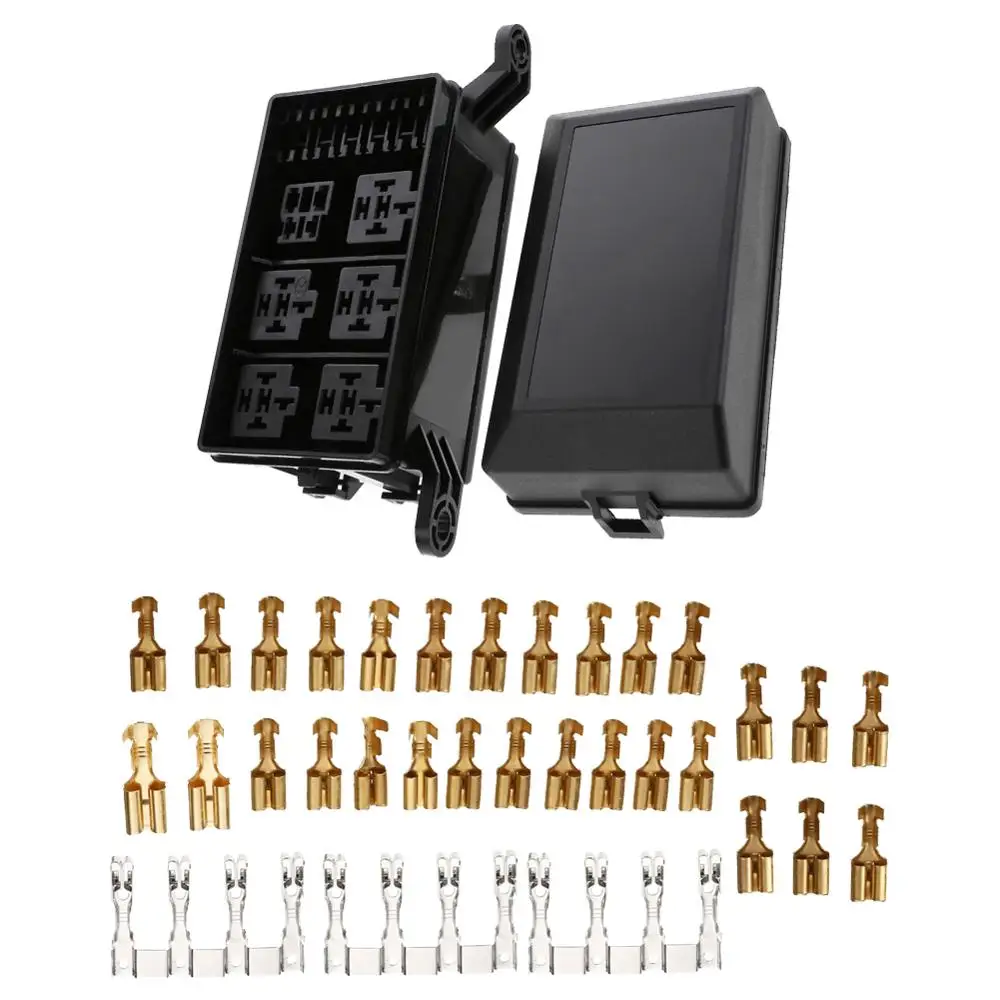 

12-Slot Relay Box 6 Relays 6 ATC/ATO Fuses Holder Block + Metallic Pins For Automotive Accessories