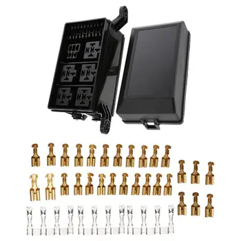 

12-Slot Relay Box 6 Relays 6 ATC/ATO Fuses Holder Block + Metallic Pins For Automotive Accessories