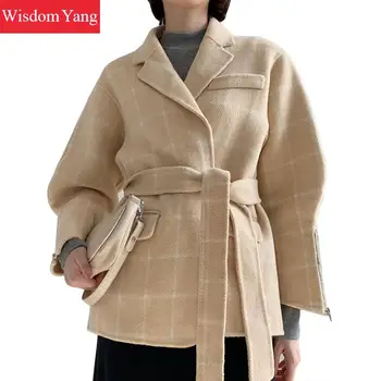 

Winter Cashmere Fur Coats Womens Sheep Wool Fleece Oversize Loose Yellow Plaid Woolen Outerwear Overcoat Woolen Korean Coats