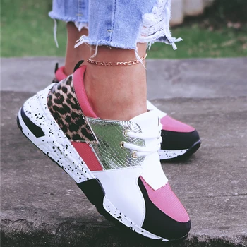

Women Sneakers PU 2020 New Thick Bottom Female Breathable Leopard Patchwork Lace Up Autumn Feminino Casual Shoes