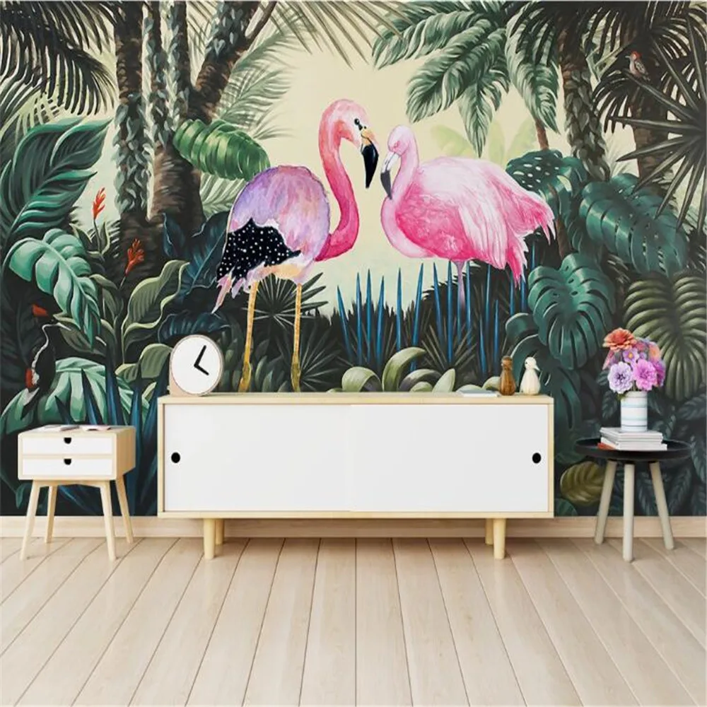 

Milofi medieval hand painted tropical rain forest flamingo background wall decoration painting