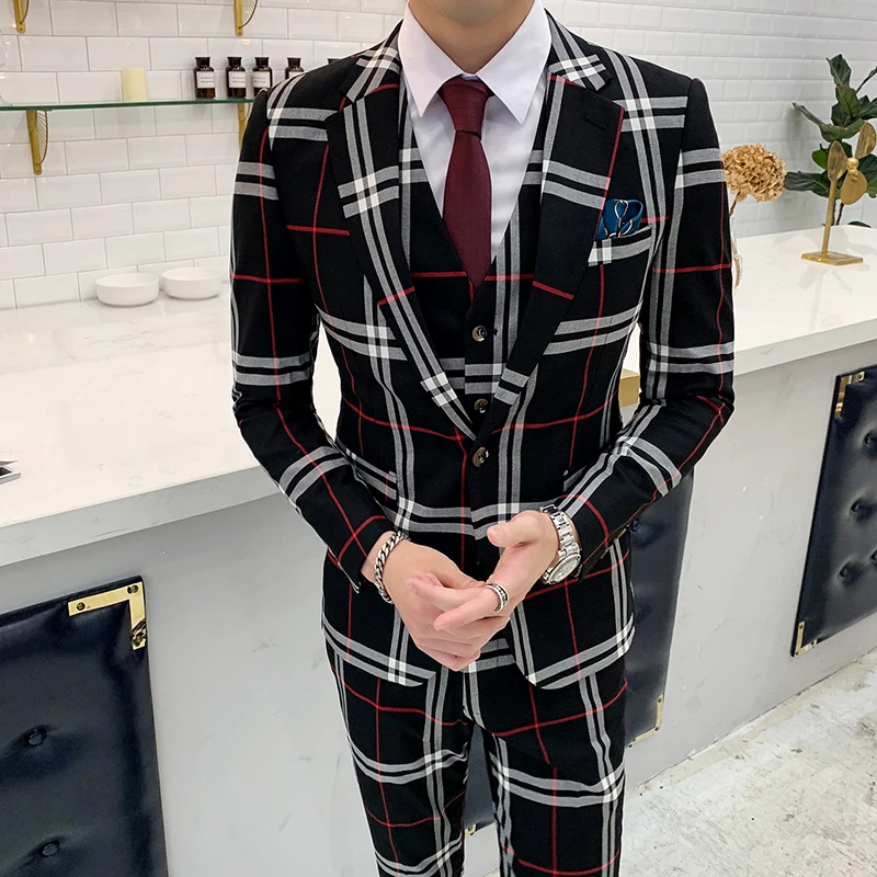 British style suit suit men's business formal three-piece groom wedding dress coat pants vest blazer mens