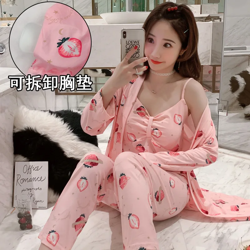 

Xx-882 # Fresh Strawberry Long Sleeve Camisole Sweet Pajamas with Chest Pad Homewear Set Three-piece Set