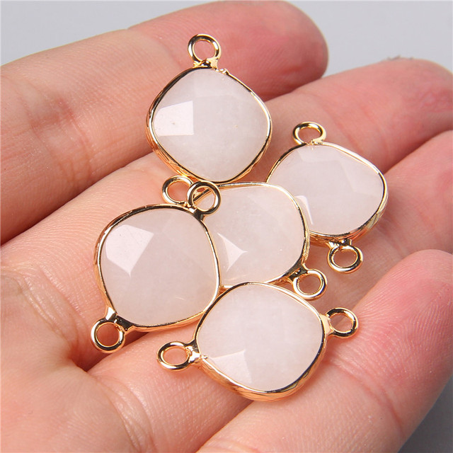 Double Hole Natural Agates Tiger Eye Labradorite Quartz Stone Connector Charm Golden Plated Pendant for Jewelry Making 14mm