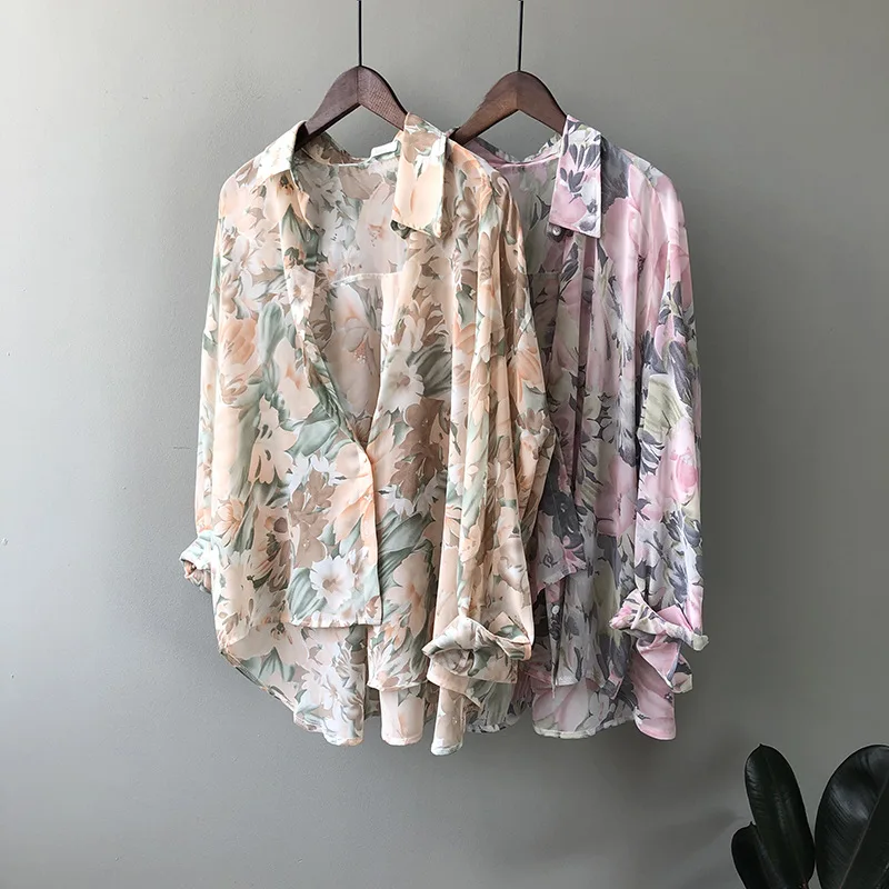 

Flower Printed Shirts For Women Elegant Chic Long Sleeve Thin Tops Casual Loose Chiffon Shirt Sweet Fashion Floral Light Shirt