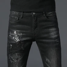 Джинсы мужские хип-хоп для похудения повседневные деловые модные черные брюки с рисунком черепа