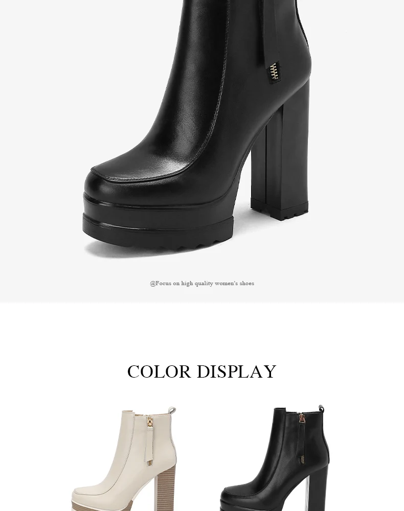 2021 Autumn Winter Women's High Heeled Thick Platform Ankle Boots with Zipper Mixed Colors Motorcycle Ladies Shoes Beige Black
