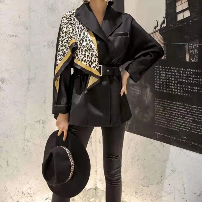 incredible  TWOTWINSTYLE Patchwork Leopard Women's Coats Lapel Collar Long Sleeve High Waist With Sashes Female