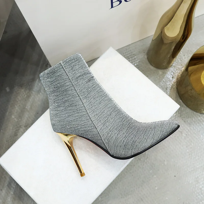 

2020 Women Ankle Boots Sock Boots All Match Platform Pointed Toe Square 9cm High Heel Slip on Women Boots Big Size 34-43