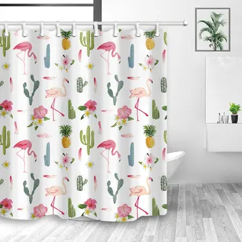 

Tropical Flowers Decorations, Flamingo Bird and Pineapple in Cactus Flower Shower Curtain, Fabric Shower Curtain for The